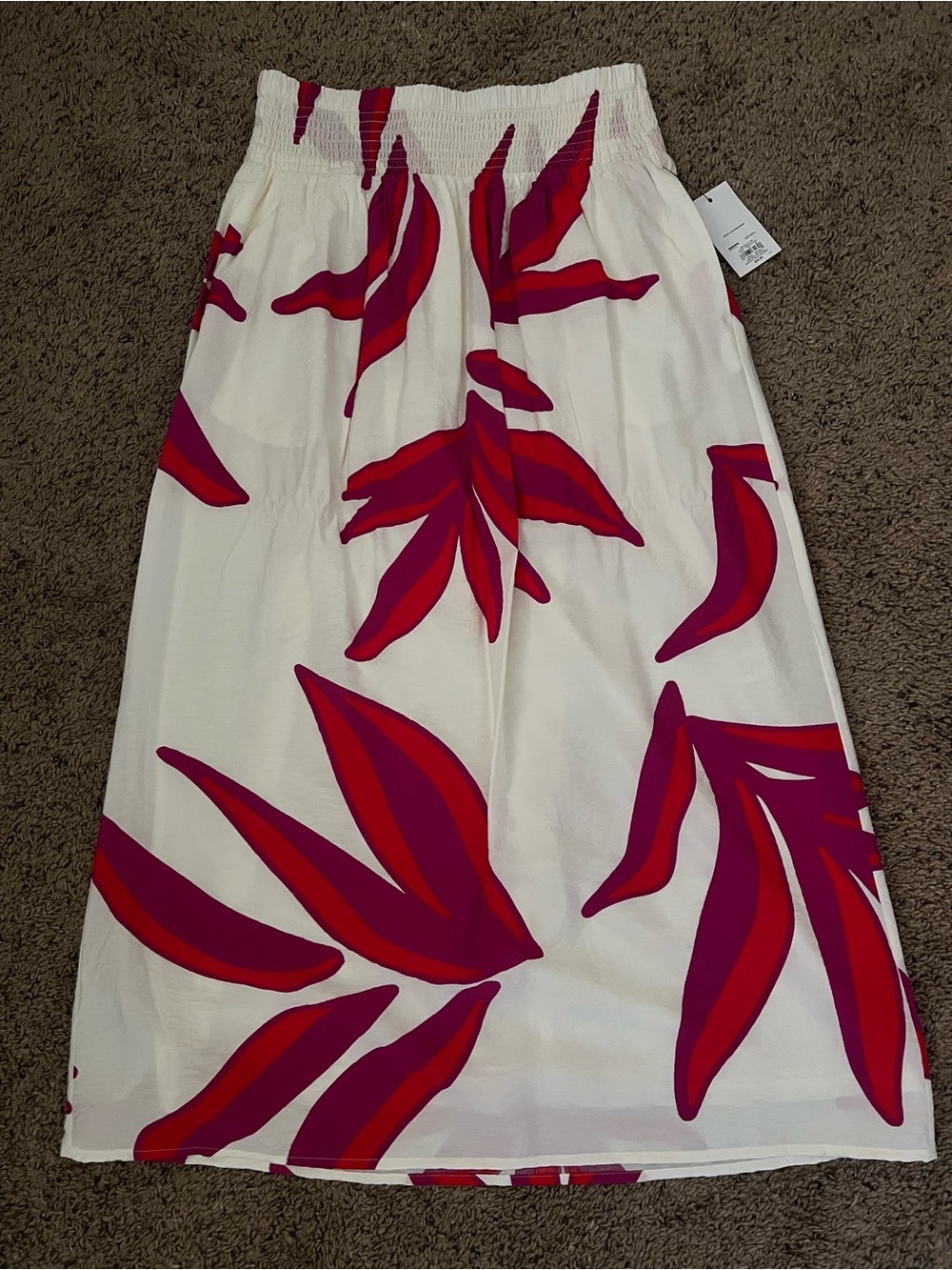 Nine West White Midi Skirt with Red and Magenta Leaf Pattern